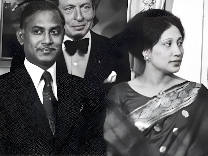 Composite black and white image combining portraits of Ziaur Rahman, Khaleda Zia, and a guest in evening dress.